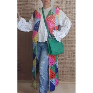 New Triangle Multicolor Crochet Long Cardigan Sweater Lightweight Soft Sz XL